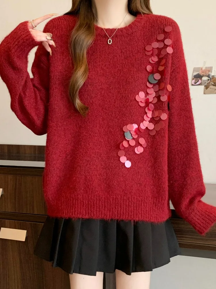Ele Rode Gebreide Trui Dames Lente Herfst Winter Grote Maat Heldere Pailletten Top Faionable Oulder Dames Knitwear