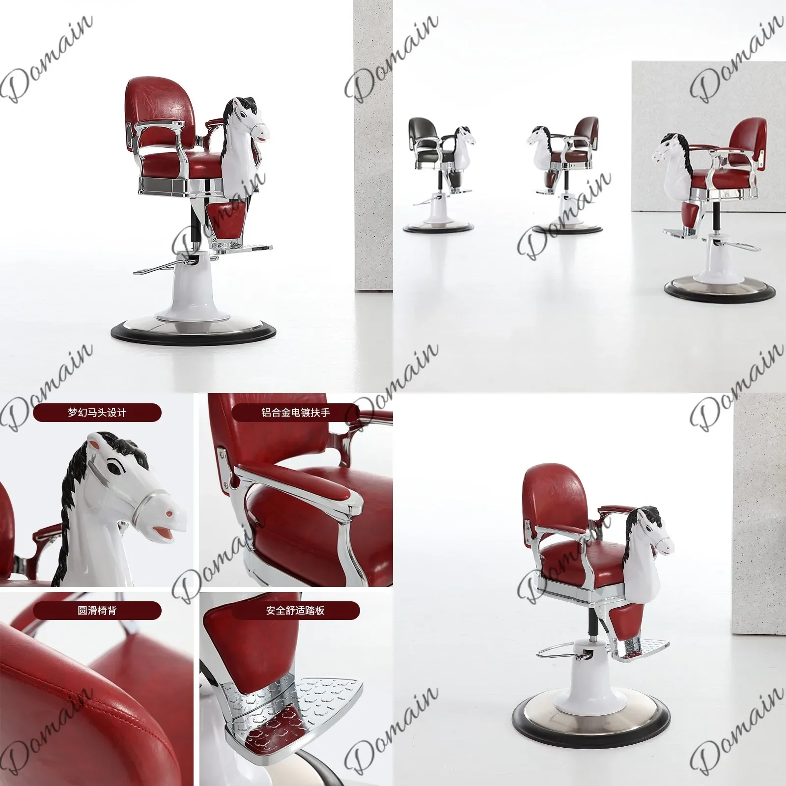 J81 Kids Haircut Chair Swivel Salon Styling Chair with Pump Lift, Wooden Rocking Horse Design for Toddlers, Home Barber Chair