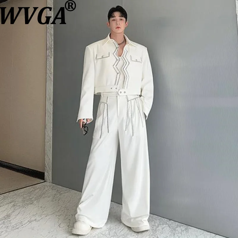 WVGA Spring Autumn New Men Tide Wave Stitching Embroidery Trendy Short Jacket Niche Casual Wide-Leg Pants Two Pieces Sets W16983