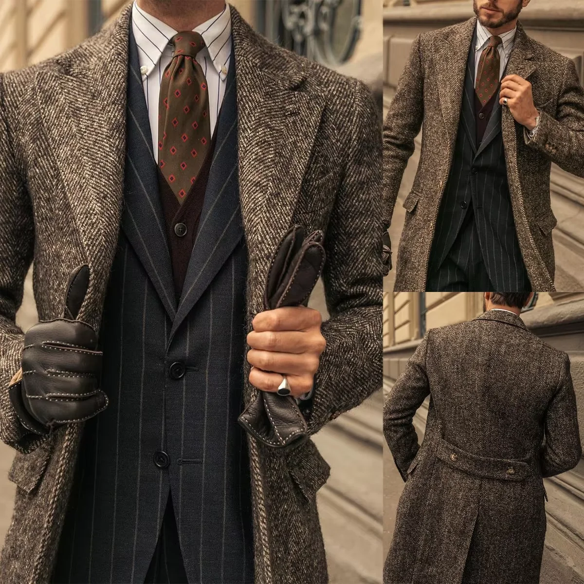 Vintage Autumn Winter Men's Tweed Herring Bone Windproof 100% Wool Warm Coat Single Breast Shawel Lapel OverCoat Tailored