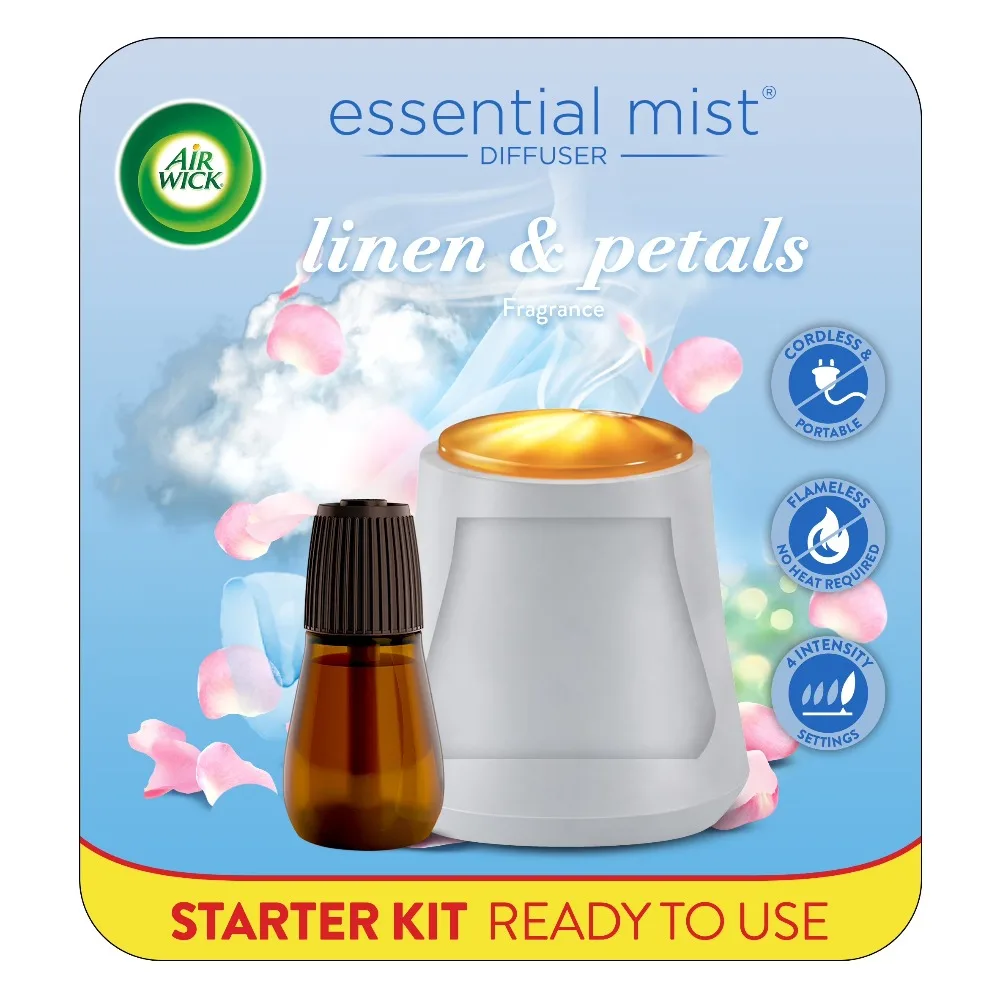 Essential Mist Aroma Oil Diffuser Air Freshener Starter Kit with Linen and Petals Scent
