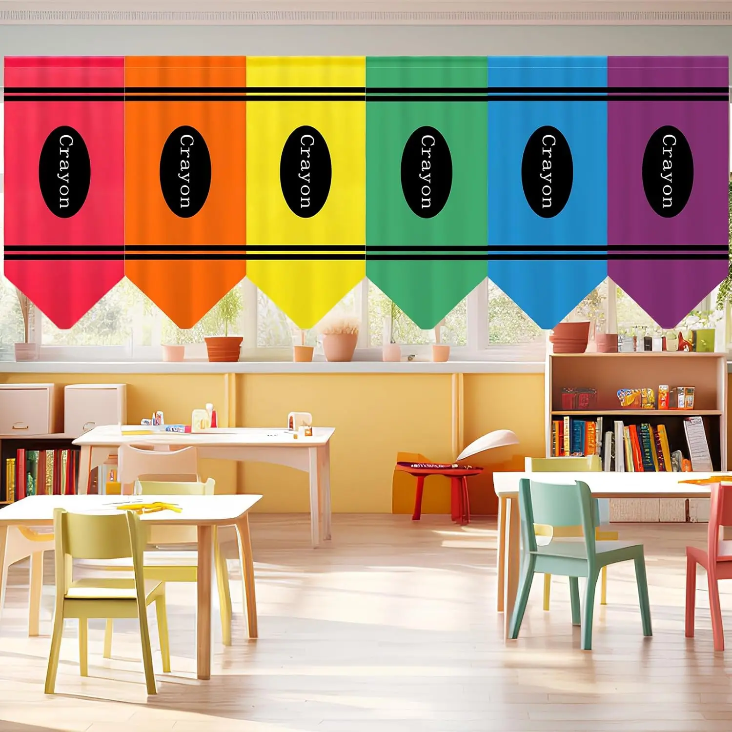 

6 Pcs School Classroom Curtains Back to Classroom Rainbow Colorful Crayon Curtains for Kindergarten Daycare Primary School Room