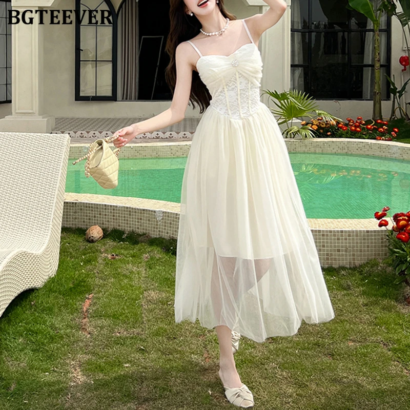

BGTEEVER Elegant Spaghetti Strap Ladies A-line Mesh Dress Stylish Slim Waist Women Sleeveless Mid-Length Party Dress
