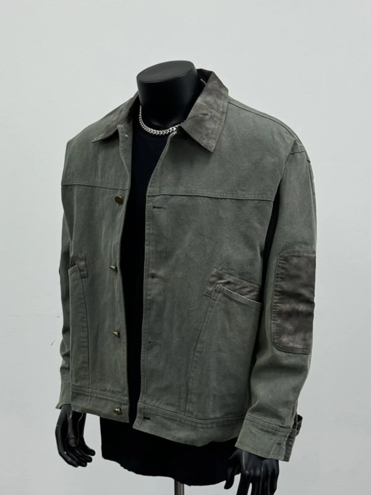 

Retro American Waed PU Leather And Canvas Patchwork Work Jaet Men's Design Spring Autumn Turn-down Collar Top