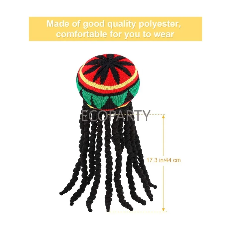 Rasta Hat with Black Dreadlocks Rasta Wig Jamaican Hat Dreadlock Hat for Halloween Costume, 17.3 Inch