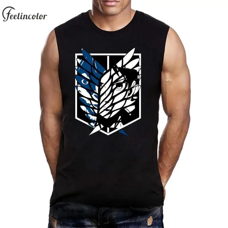 Japanese Anime Men Sleeveless T-Shirt Eren Jaeger Graphic Vest Titans Attack Graphic Tees Black White Tops Fashion Male Tank Top