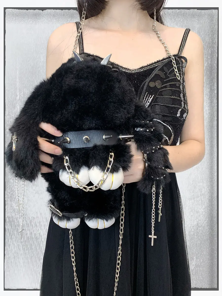 Cute Plush Shoulder Bags for Women's Y2K Doll Bags Rabbit Bag Original Handmade Leather Buckle Dark Crossbody Bag