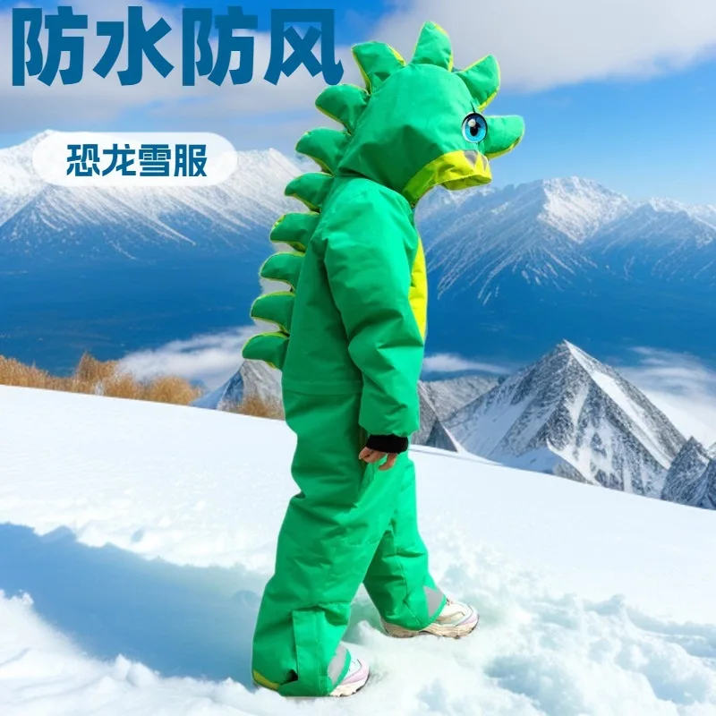 Children's One-piece Suit Boys and Girls Parent-child Windproof Warm Dinosaur Cartoon Ski Pants