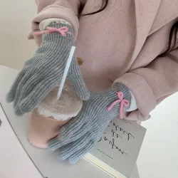 Korea Knitted Bow Gloves Lolita Winter Warm Fullfinger Touch Screen Gloves Kawaii Japanese Jk Y2k Mittens Cycling Accessories