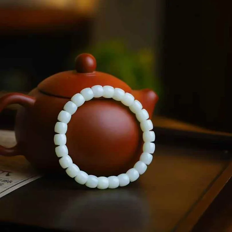 

Natural Hetian Luodian Material White Jade Plain Beads Straight Cut Bracelet Simple Style With Certificate