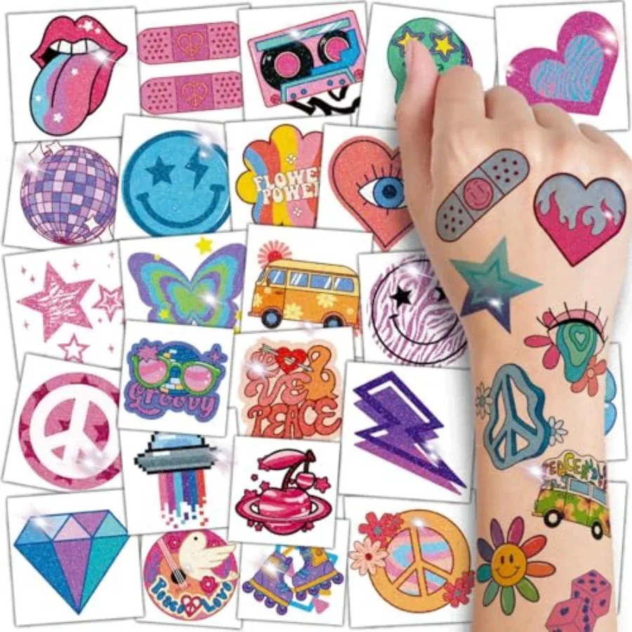 

Glitter Groovy 70s Temporary Tattoos for - 74 Individually Sheets Glitter Retro Flower Power, Smiley Decorations Tattoos Sticke