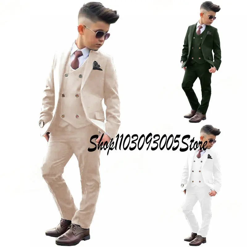 

Casual Beige Boys Formal Suits Clothing Set Kids Coat Vest Pants 3Pcs Wedding Tuxedo Suit Children Blazer Party Costume