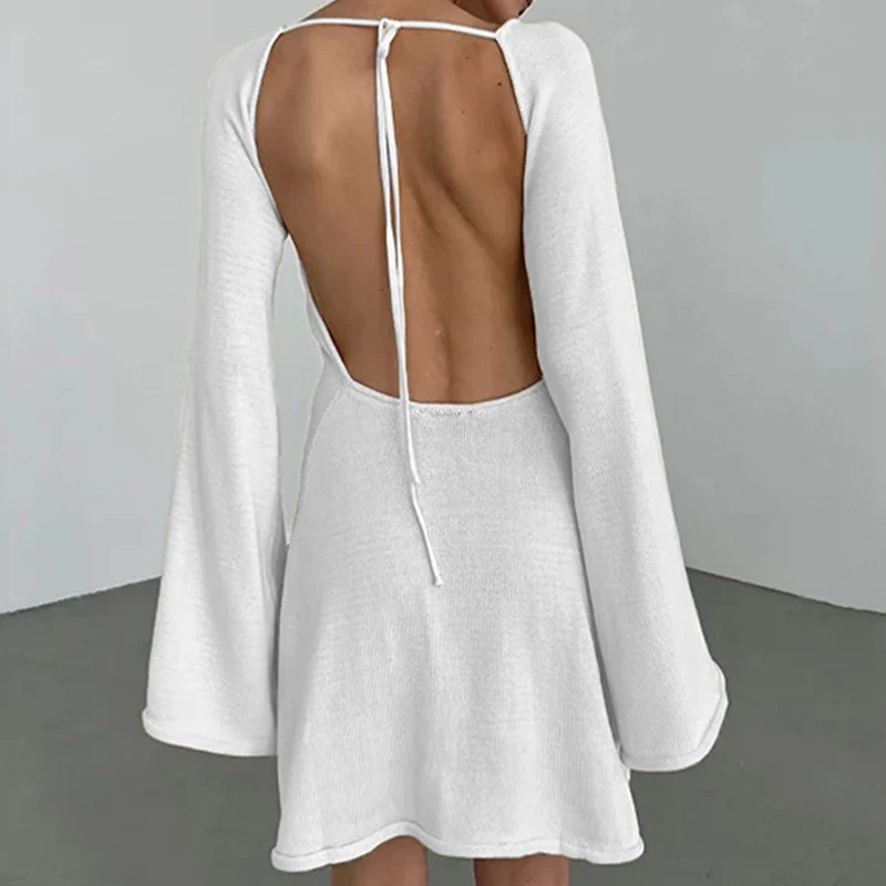 Nouveau sexy dos nu col rond cache-up couleur unie tricot maillots de bain élégant corne manches plage costume femme vacances robe portefeuille