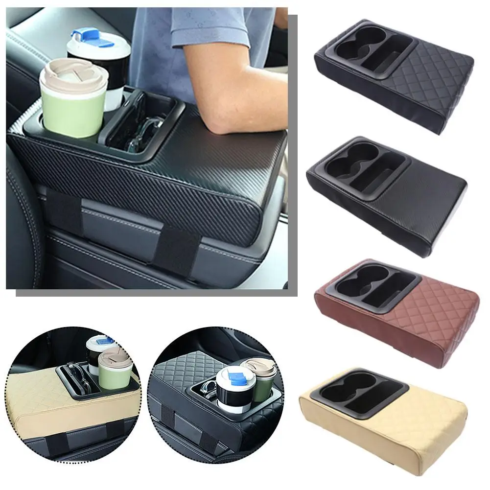 Cojín para reposabrazos de consola central de coche con 2 portavasos, almohada de PU, cubierta de altura para reposabrazos, almohadilla para coche, reposabrazos de cuero portátil P5H6