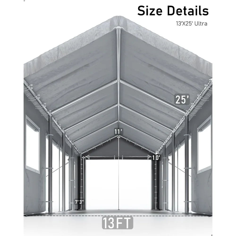 13 'X 25' Extra Grote Carport, Zware Draagbare Garage Voor Full-Size Pick-Up Truck, Suv, Compacte Reisaanhangwagen, 10X1.0 Mm Staal