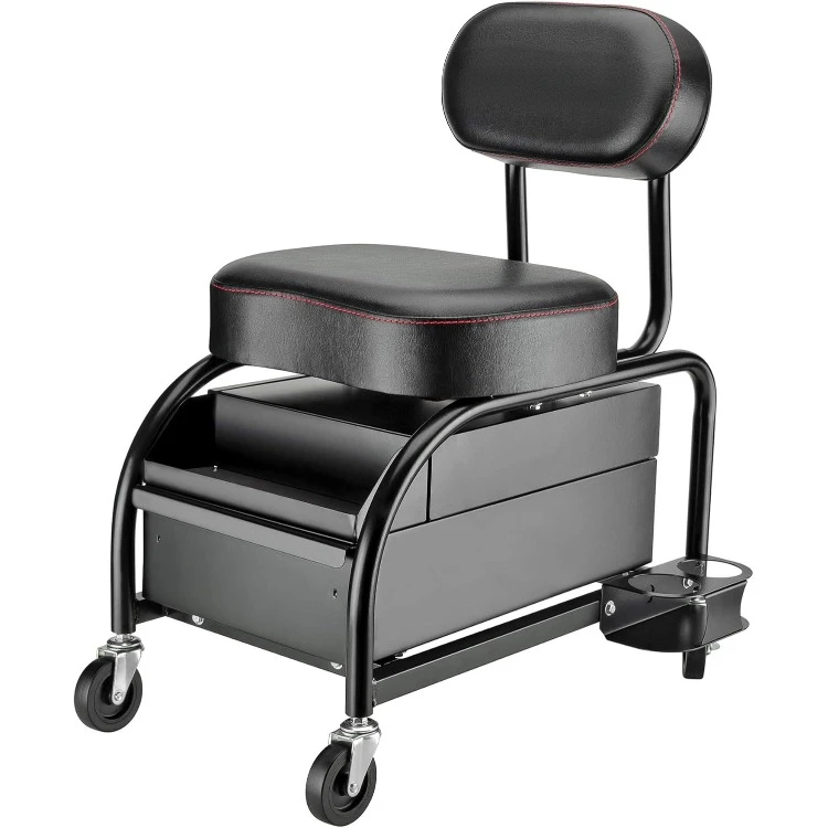 Professional Car Detailers Mechanics Roller Seat, Heavy Duty Garage Stool with Thick Padded Seat and Backrest,