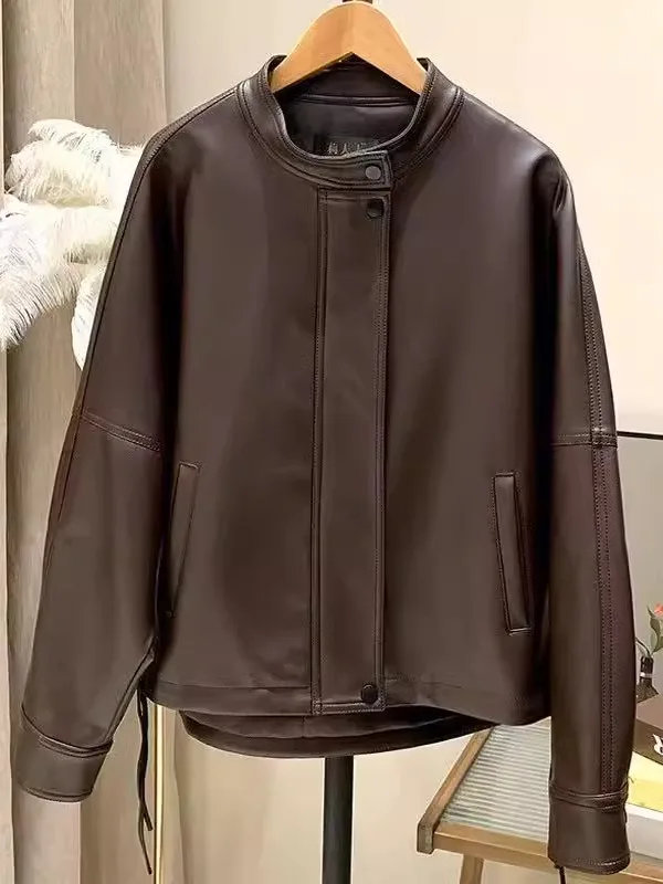 2025 New Women's ort Loose Fitting eepskin Leather Jaet Haifeng Brand Stand Collar Large Size Leather Vest