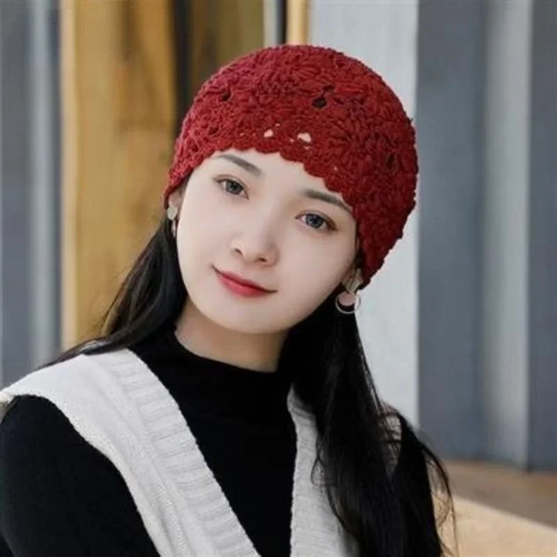 Handmade Hook Spring and Summer New Flower Pot Hats Fashion Knitted Hollow Breathable Ladies Cap Women Beanies Gorro Mujer