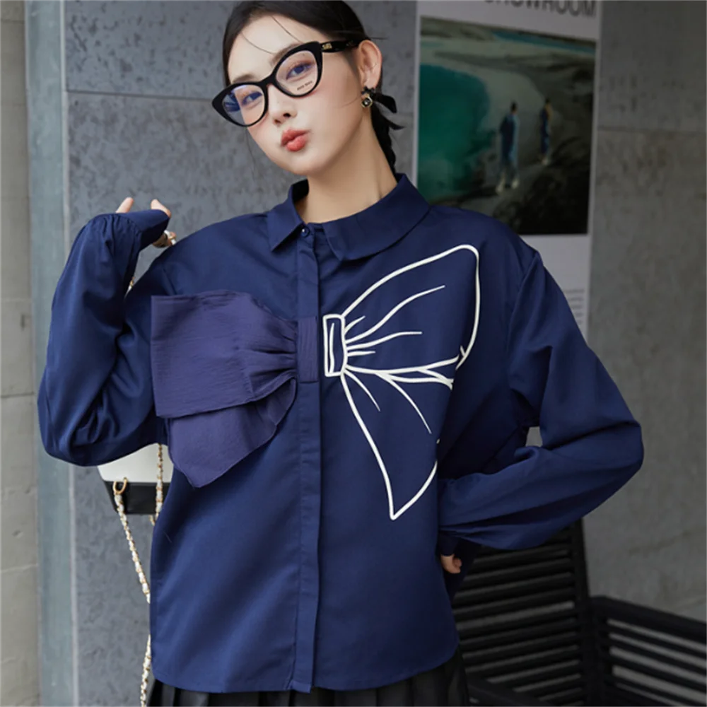 

New long-sleeved blouse blue lady cotton big bow short-style doll's shirt women