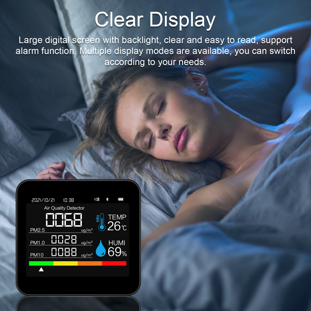 Monitor de calidad del aire 9 en 1 BT, TVOC, HCHO, PM2.5, PM1.0, PM10, probador de temperatura y humedad, medidor de CO2, Detector de dióxido de carbono