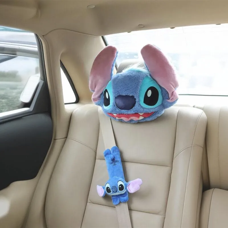 Disney Stitch Car Seat Belt Shoulder Cover Cartoon Stitch Car Headrest Neck Pillow Plush Seat Pillow Decoration Back Cushion