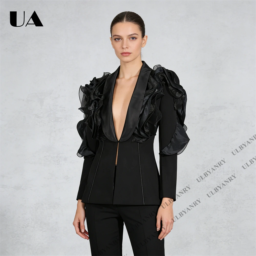 2026 Women's Black Blazer with Ruffled Organza Sleeves for Masquerade Ball Bold Avant-Garde Outfit Formal Events Suit Blazer