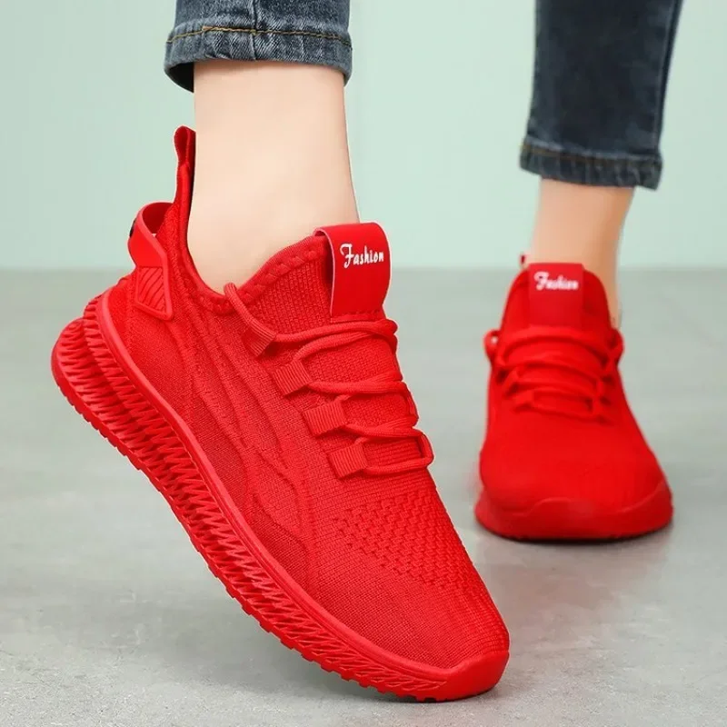 2024 Spring Fashion  Sneakers Women\'s Shoes Mesh Yellow Women\'s Shoes Women\'s Lace-up Red Black Casual Shoes Breathable