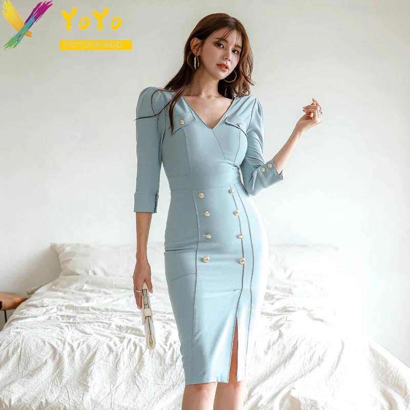 Formal Office Dress Blue/Pink Button V-neck Half-sleeved Slit Dress 2024 Spring Women Slim Bodycon Chic Temperament Dress