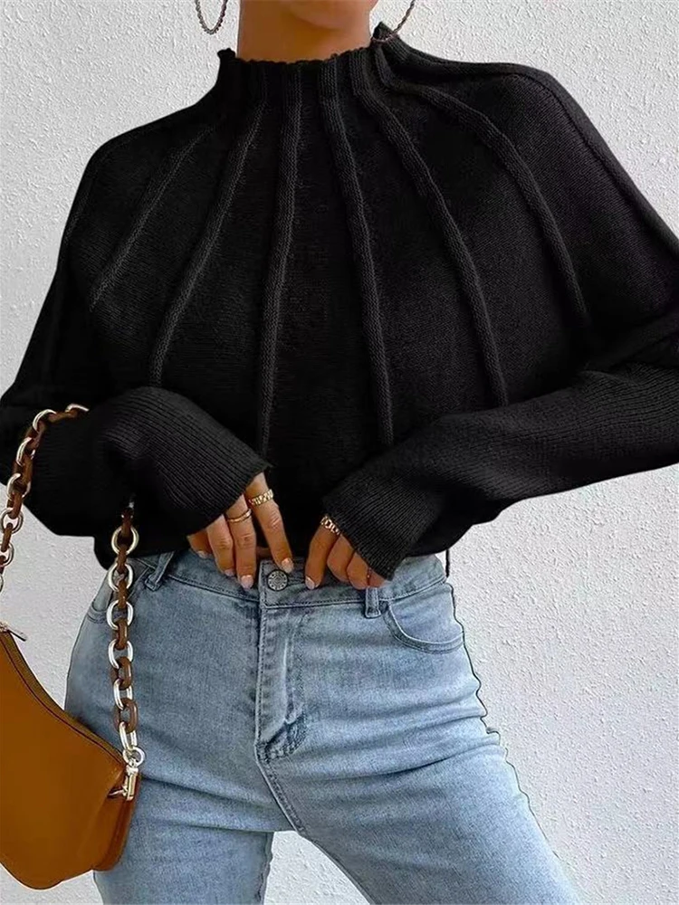 CHICEVER Vintage Loose Solid Sweater For Women Mock Neck Batwing Sleeve Streetwear Pullover Short Knitwear Female Autumn Clothes