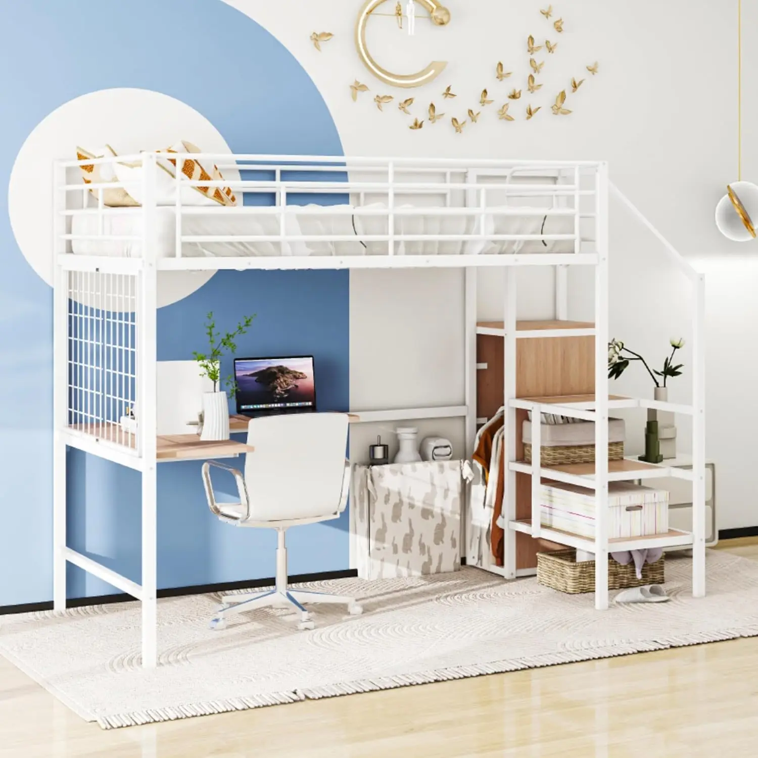 Full Size Metal Loft Bed Frame With Desk And Metal Grid, Loft Bed With Lateral Storage Ladder And Wardrobe, White