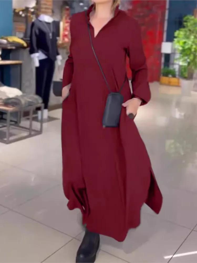 New Autumn And Winter Casual Solid Color V-neck Long-sleeved Pocket Dress For Women Fashion Elegant Black Loose Dresses Femme