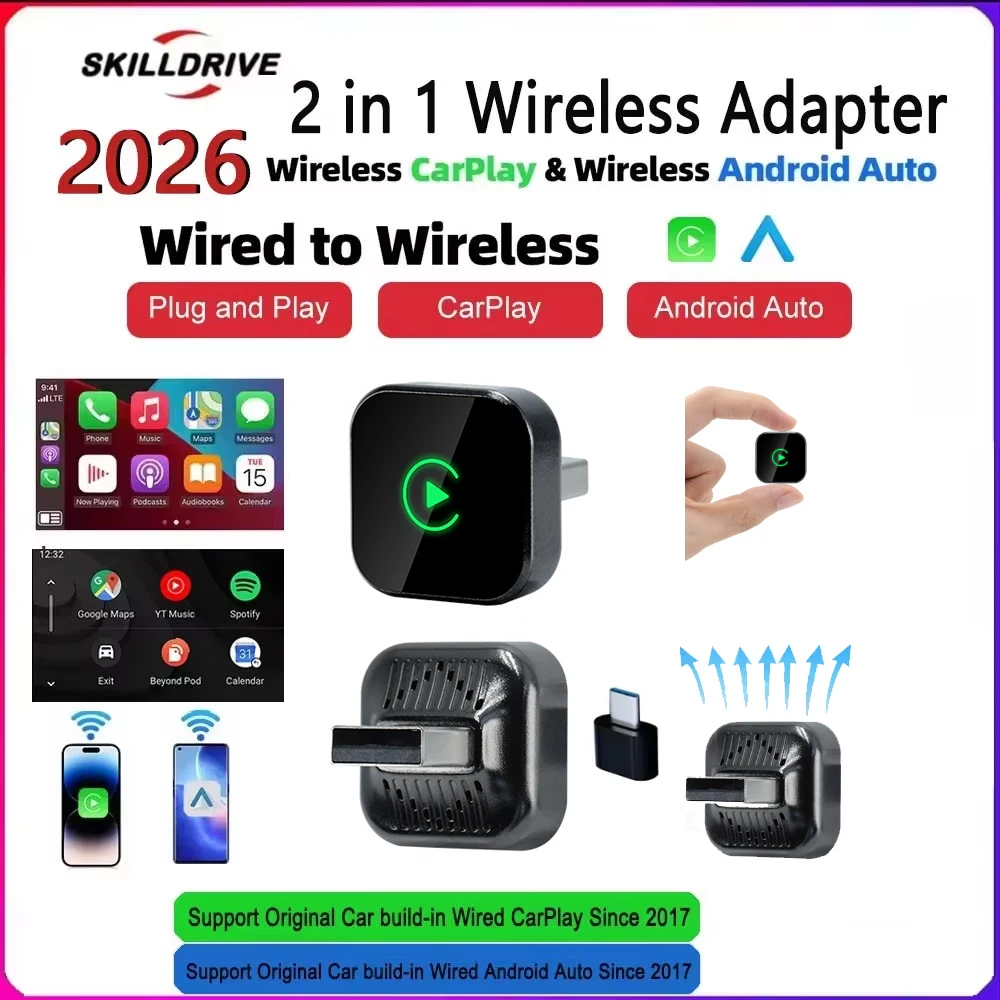 Skilldrive 2026 Mini 2 in 1 CarPlay Wireless Android Auto Adapter AI Smart Box Intelligent System USB for Wired CarPlay Car