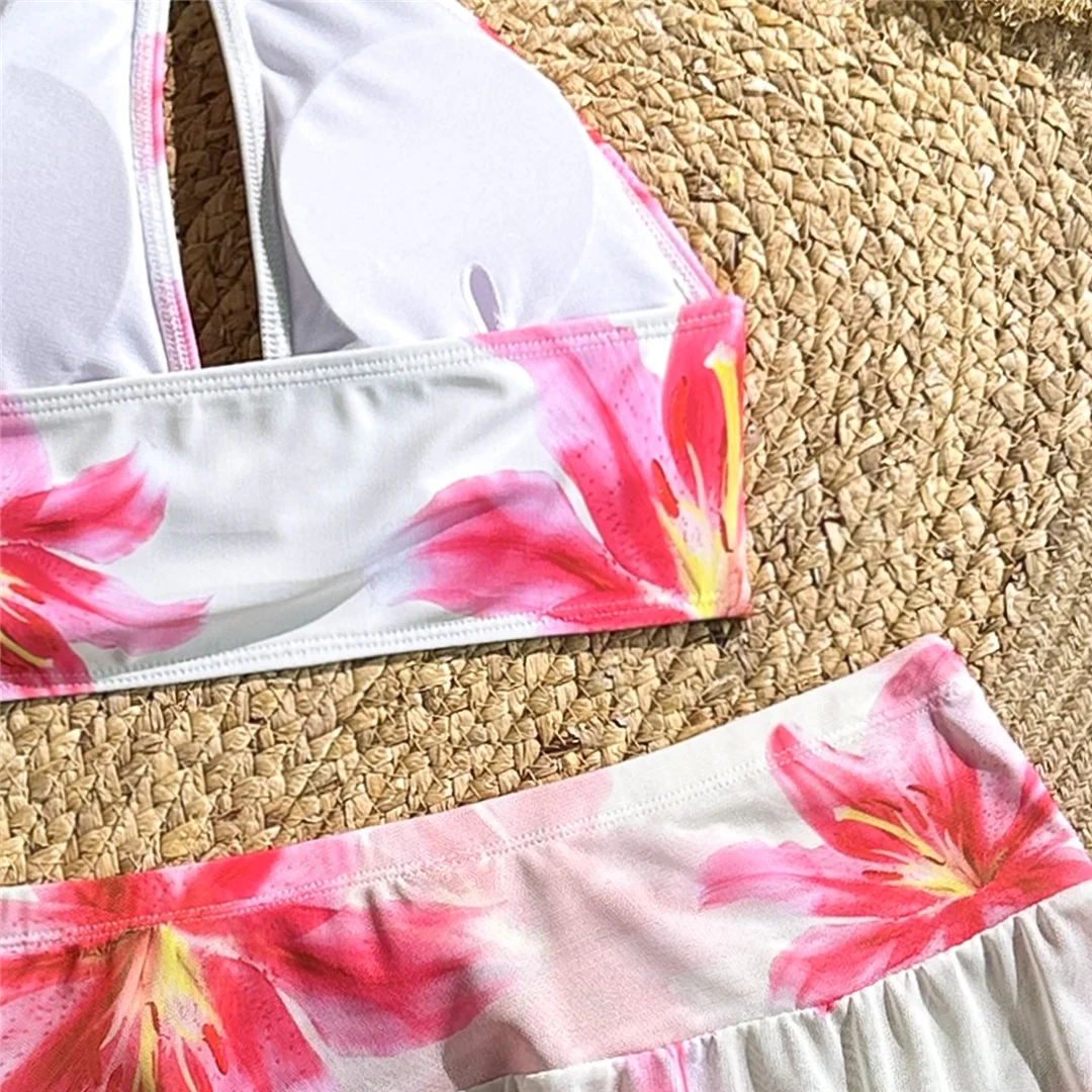 Blumenmuster, mit Rock, Neckholder-Bikini, Damen-Badebekleidung, weiblicher Badeanzug, dreiteiliges Bikini-Set, Badeanzug, Badebekleidung, Schwimmbekleidung V7621 – Detail 11