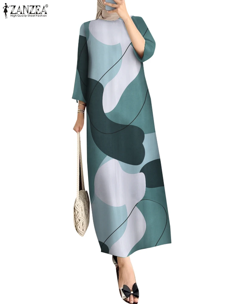 2024 ZANZEA Spring Floral Printed Maxi Dress Women O Neck 3/4 Sleeve Muslim Sundress Abaya Robe Femme Dubai IsIamic Vestidos