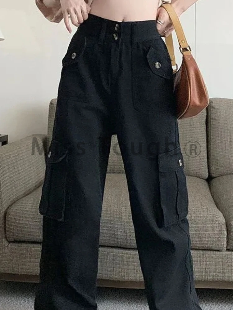 Calça folgada de cintura alta feminina com bolsos, calça preta cargo, moda vintage, de botão alto, calça casual, nova, outono, 2023