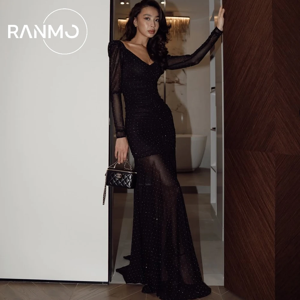 Ranmo 2026 vestido de noche plisado con cuello cuadrado personalizado, vestido de fiesta con lentejuelas de sirena de manga larga, vestido de graduación