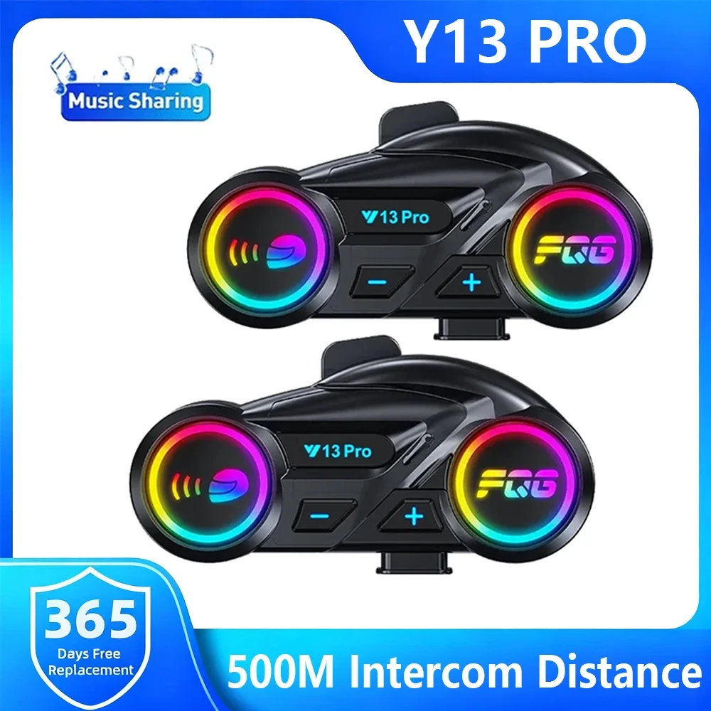 Y13 Pro Motorcycle Helmet Bluetooth Headset Intercom Distance 500M Chip V6.0 Stereo Fm Radio Mixing Music Sharing RGB Light