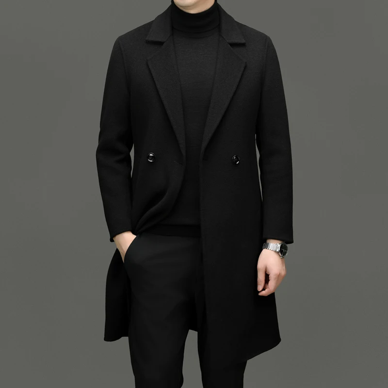 Winter Autmen Men Cashmere Blend Overcoat Old Money Style Wool Coat Gray Black Coffee Notched Collar Back Split Design Attire
