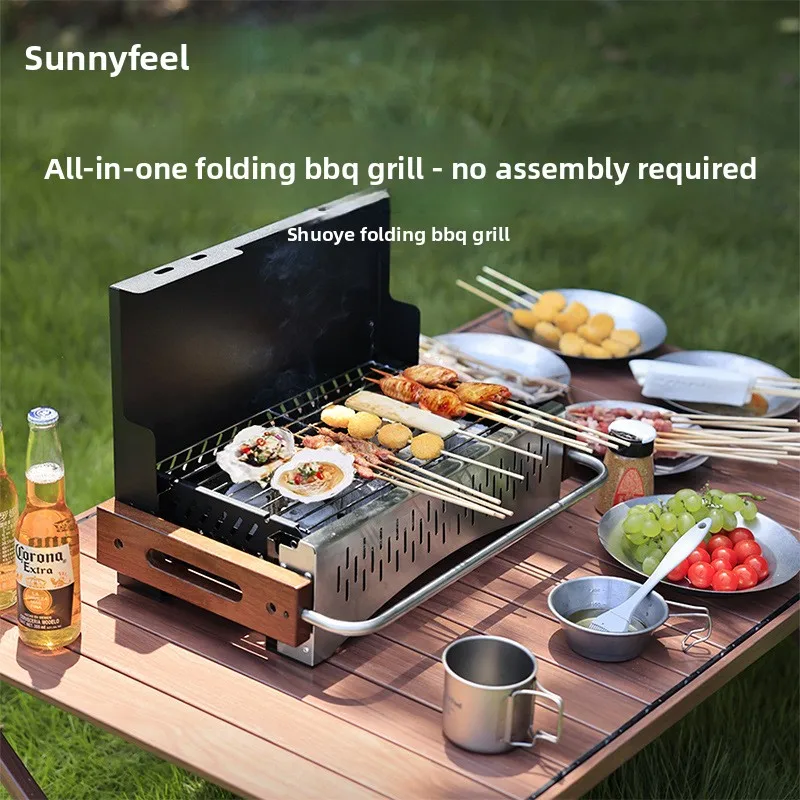 Portable Folding Charcoal Grill for Camping BBQ and Outdoor Picnic Tabletop Skewer Rack with Compact Design for Backyard and