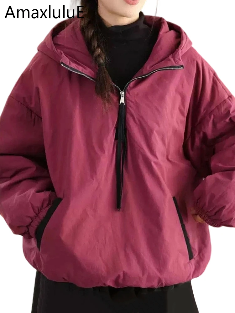 Amax LuluE سترات شتوية كورية مبطنة للسيدات موضة كبيرة الحجم سترات دافئة بقلنسوة 2025 معاطف كلاسيكية فضفاضة غير رسمية متينة للسيدات #1