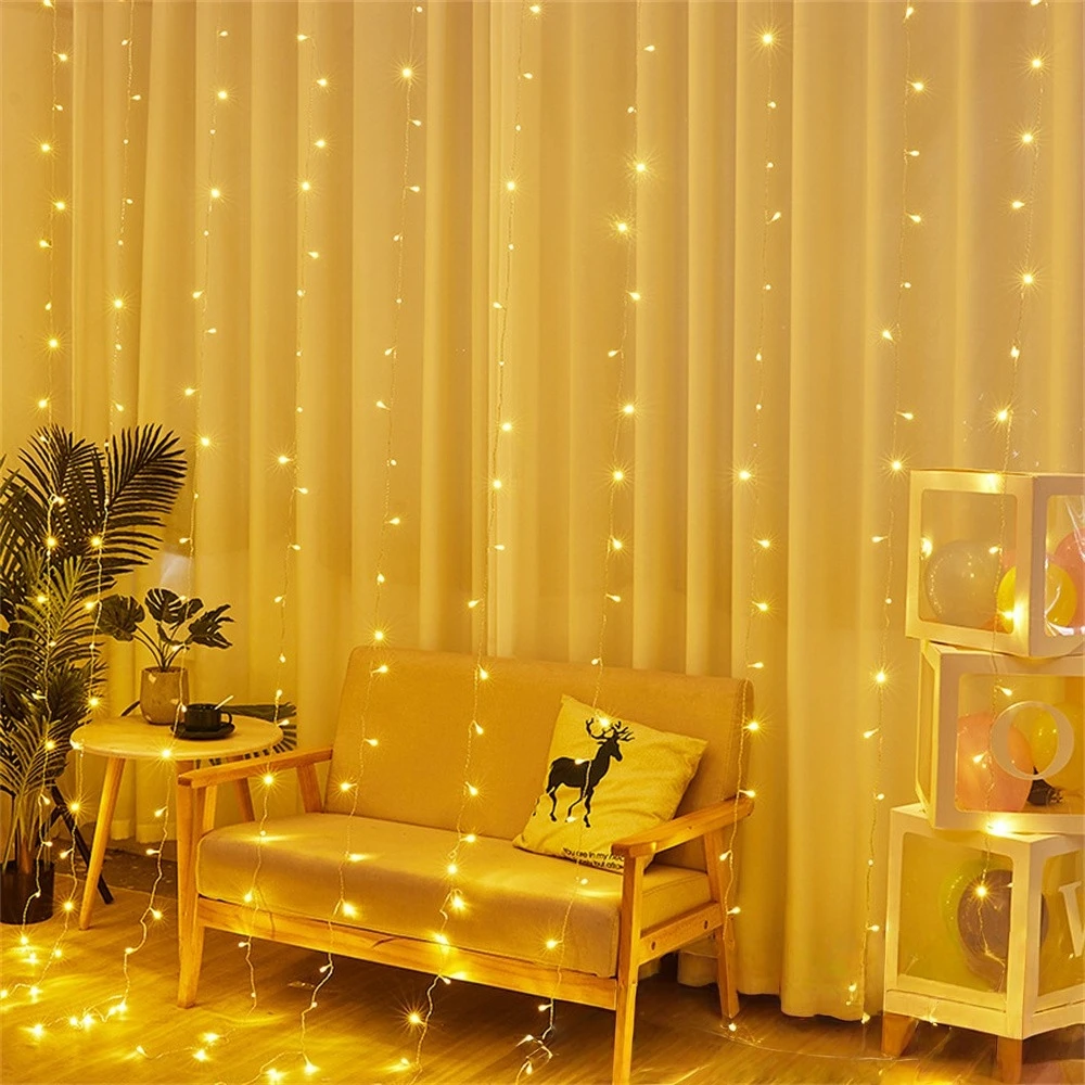 Guirnalda de luces de cortina de alambre de aleación USB con control remoto, 8 modos, luces LED para dormitorio, ventana, boda, fiesta de Navidad, decoración del hogar