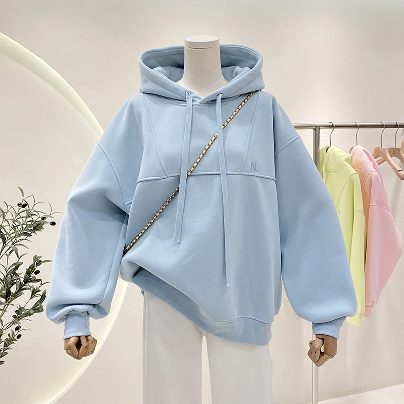 Hoodies Women Hooded Plus Velvet Thicken Loose Letter Embroidery Leisure Outwear Students Simple Y2k Vintage Harajuku Korean Ins