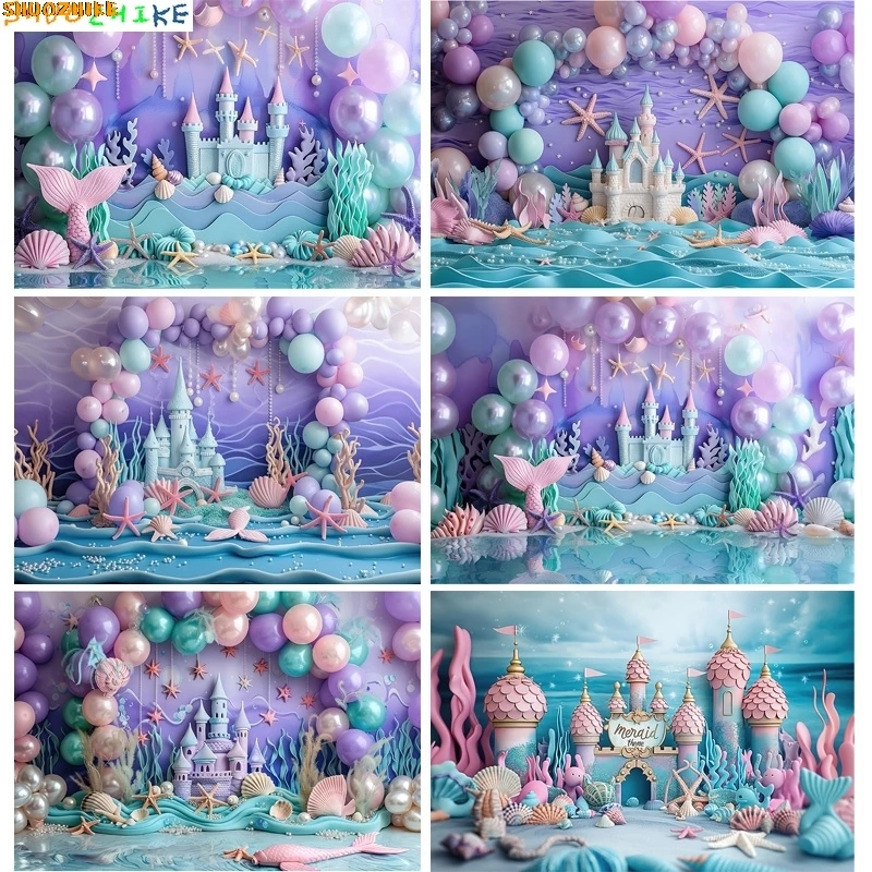 

Fairy Castle Mermaid Seashells Circus Tent Photography Backdrops Balloons Birthday Party Decor Photo Studio Background NR-01