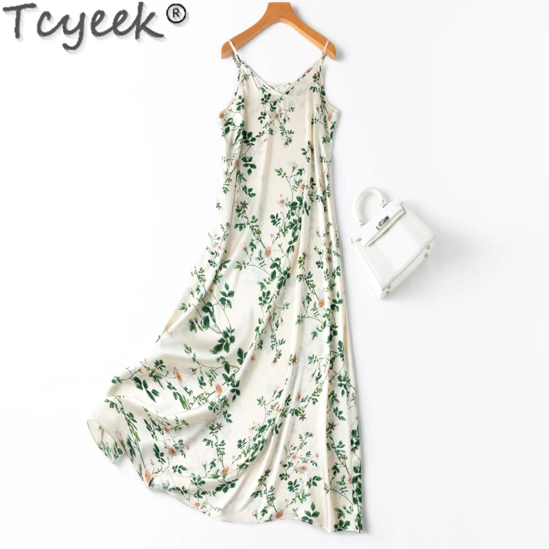 Tcyeek 93% Mulberry Silk Elegant Dresses for Women Clothes 19mm Real Silk Summer Women's Dress 2024 Sling Sexy Dress Vestidos