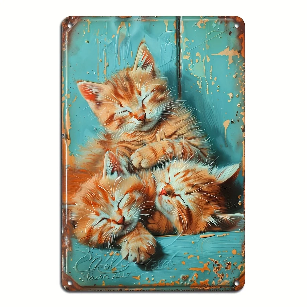 Vintage Sleeping Kitten Metal Wall Art Sign - Rustic Iron Decor with Adorable Orange & White Cats, Blue Background, es, Reusable