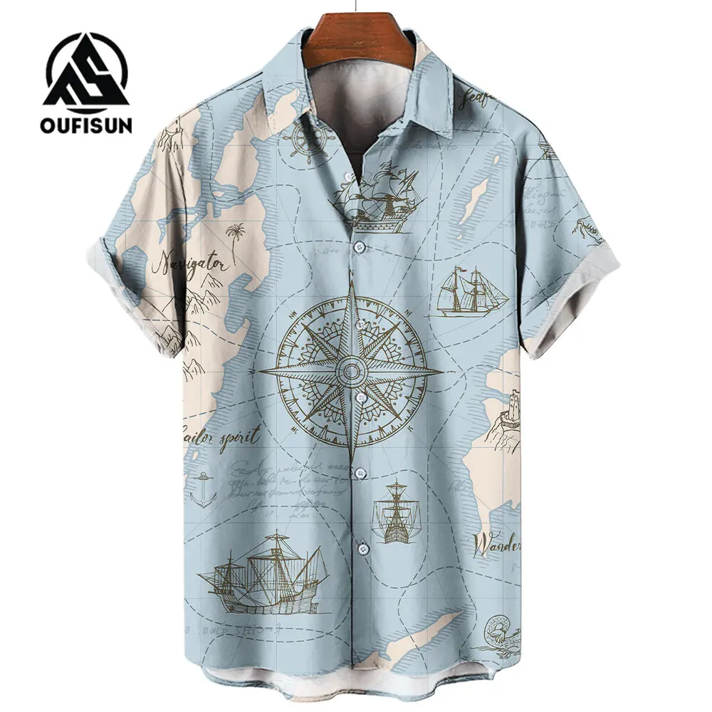 Men\'s Short Sleeve Shirt Summer Fashion Nautical Compass Anchor Printed Tops Men\'s Casual Loose Shirts Oversized Size S-5XL