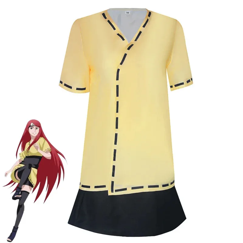 애니메이션 우즈마키 쿠시나 코스프레 의상 노란색 짧은 소매 탑 배틀 유니폼 레드 가발 여성 섹시한 카니발 할로윈 슈트;3,k8't