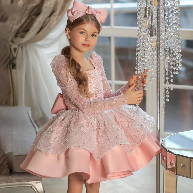 Flower Girl Dresses Champagne Puffy Sequin With Bow Long Sleeves For Wedding Birthday Party Banquet Princess Gowns