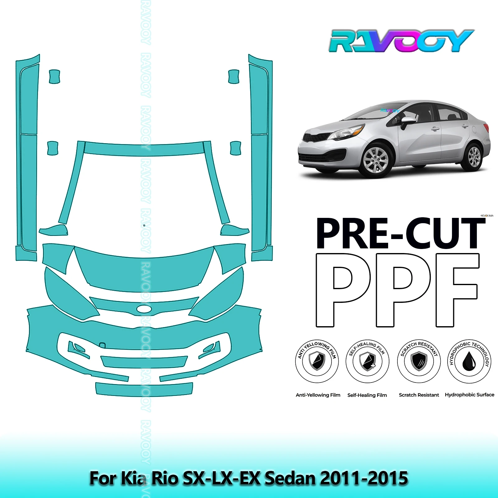 

8.5Mil Precut Paint Protection Film PPF Clear Bra Front Kit+Rockers For Kia Rio SX-LX-EX Sedan 2011-2015