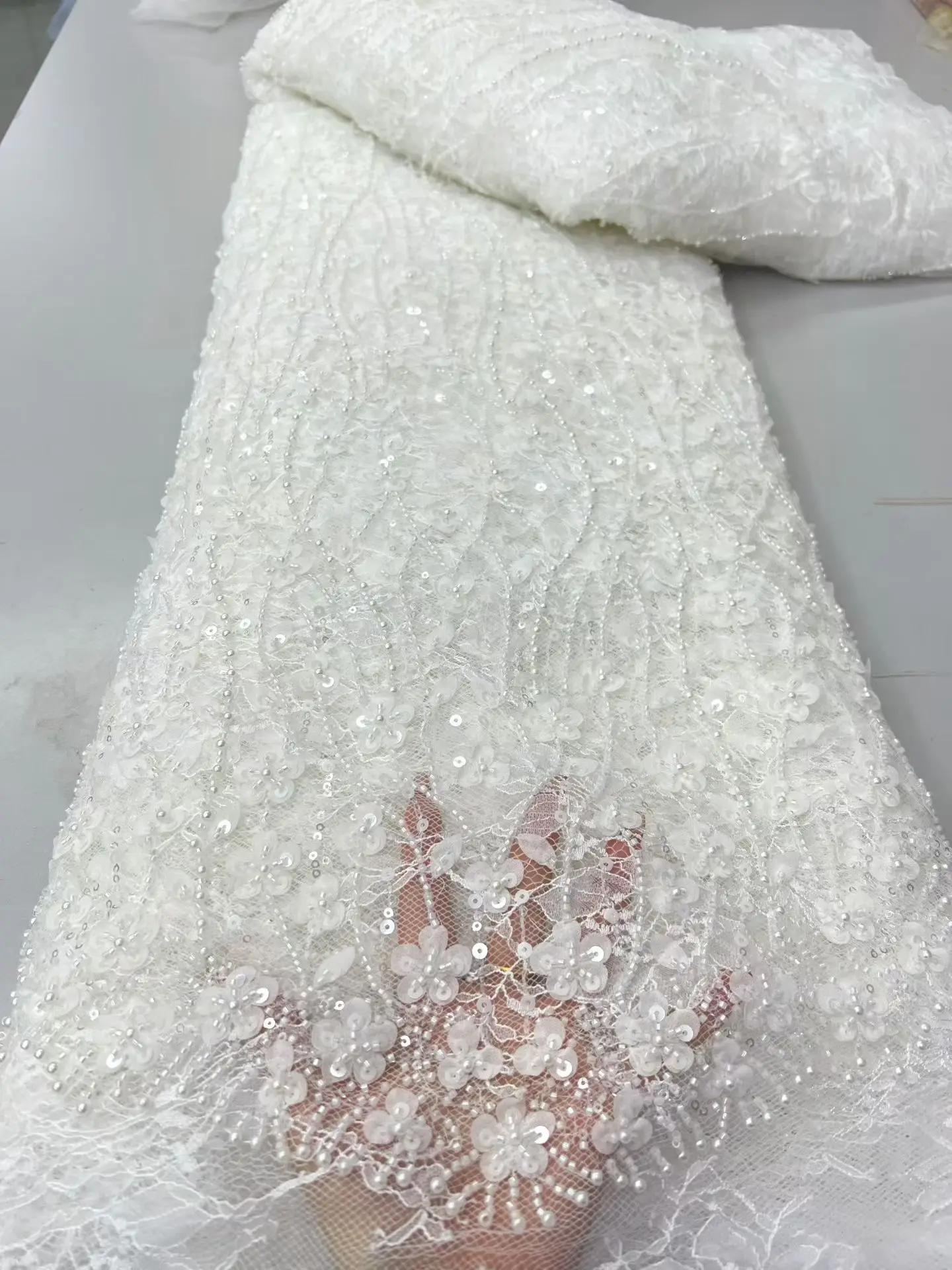 

Wholesale African Heavy Beaded 3D Flower Applique Lace Fabric 2026 High Quality Nigerian Luxury Sequin Lace French Mesh Fabric